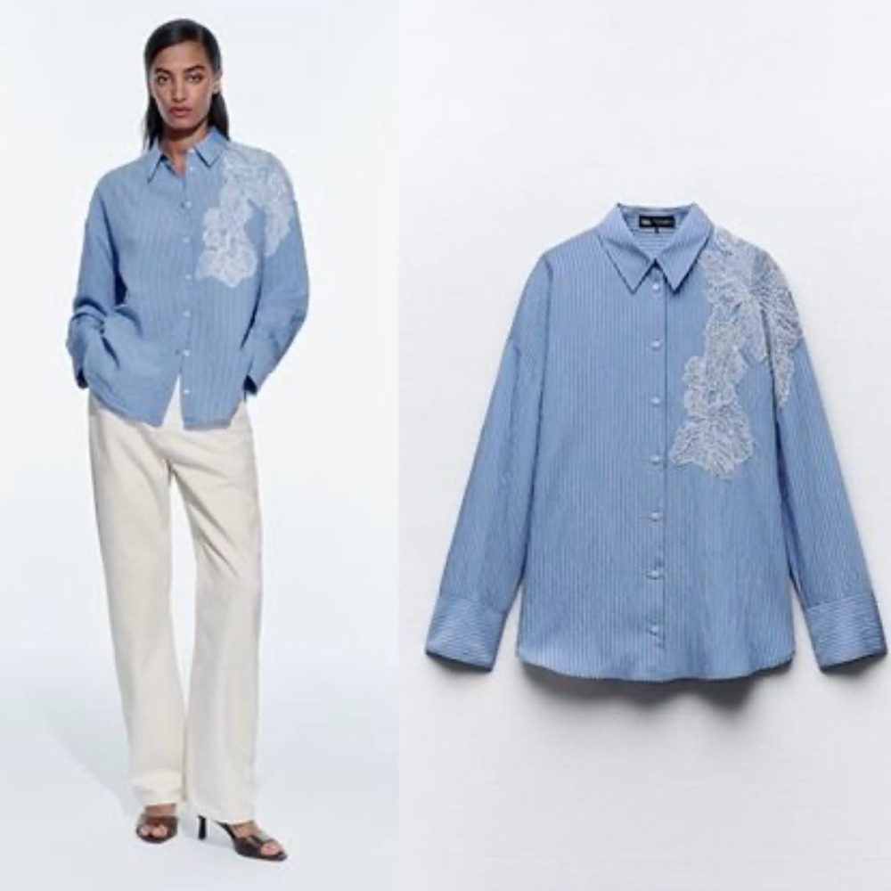 ZARA Blue Striped Embroidered Shirt – Size M (NWT)